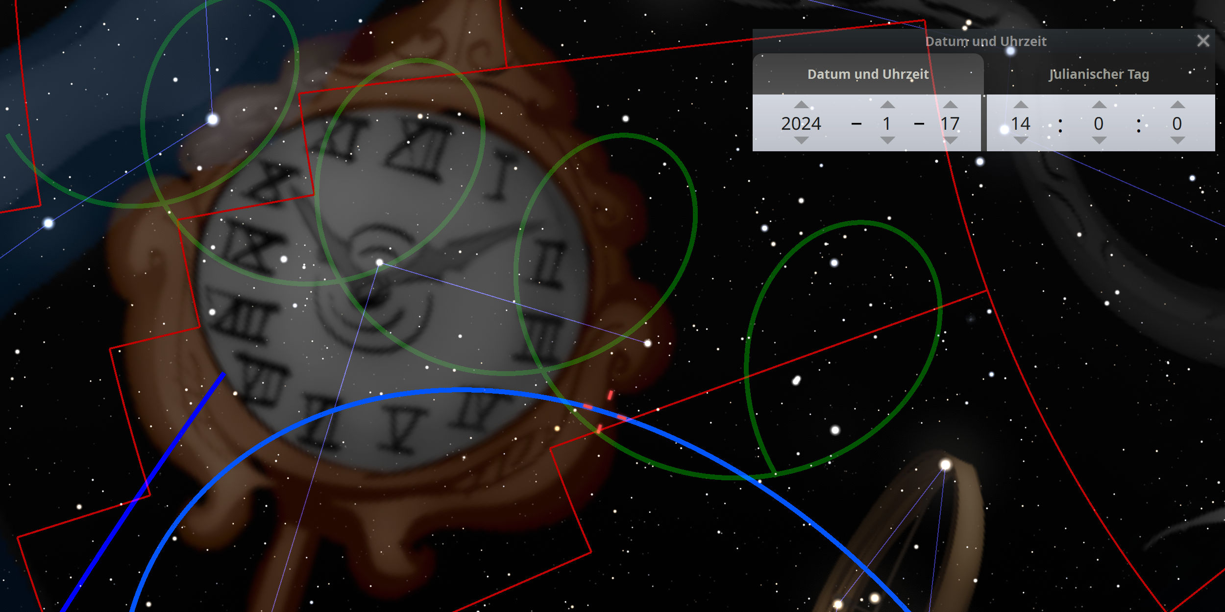 Digitale Darstellung eines astronomischen Diagramms mit einem antiken Zifferblatt im Vordergrund, umgeben von geometrischen Linien und auf einer Sternenkarte positioniert. Rechts oben ist eine Datums- und Zeitsteuerung zu sehen.