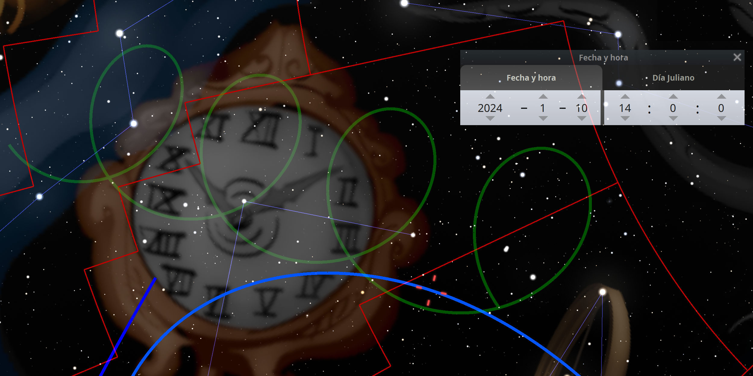 Imagen que muestra un reloj circular ornamentado superpuesto sobre un fondo estrellado, con líneas y círculos de colores que indican posiciones y trayectorias celestiales. En la esquina superior derecha aparece una ventana flotante con controles para ajustar la fecha y la hora.