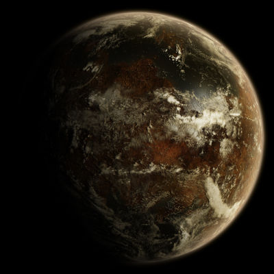 Ein detailliertes Bild eines teilweise beleuchteten Planeten mit dunklen Schatten und hellen, strukturierten Wolkenformationen über seiner abwechslungsreichen Oberfläche.