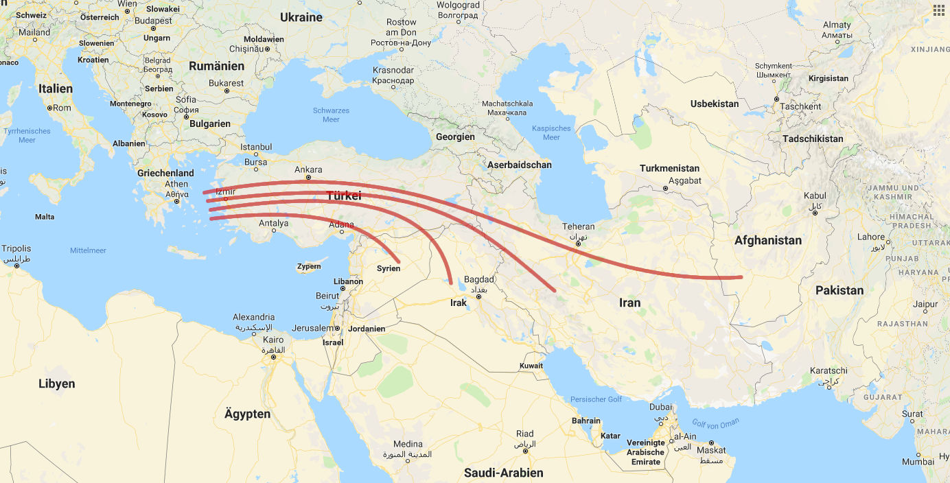 Karte von Teilen Europas, des Nahen Ostens und Asiens mit roten Bogenlinien, die von der Türkei über Länder wie Georgien, Aserbaidschan, den Iran und bis nach Usbekistan reichen.