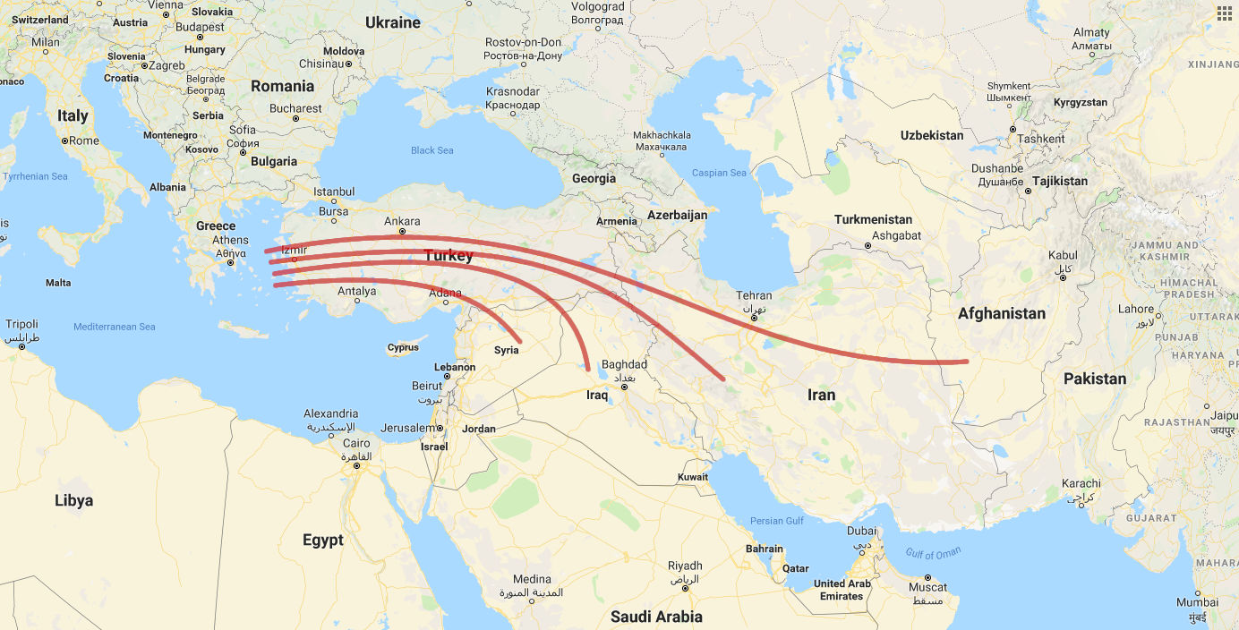 A map showing part of Europe, the Middle East, and Central Asia. Red arcing lines emanate from Izmir, Turkey, extending eastwards across different countries up to the border of Afghanistan.