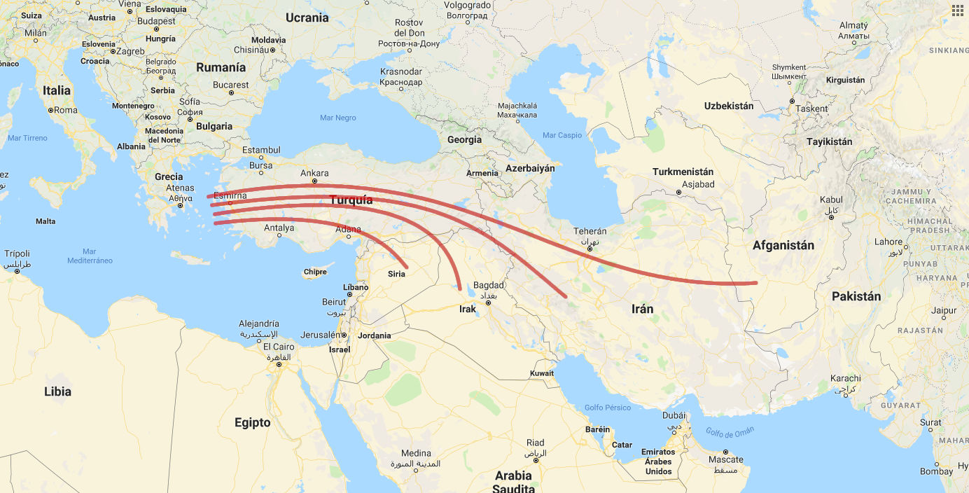 Mapa que muestra múltiples trayectorias curvas en tonos rojos que atraviesan Europa y Asia, originándose en el oeste de Turquía y extendiéndose hasta Afganistán, sin referencias explícitas a la Mazzaroth.