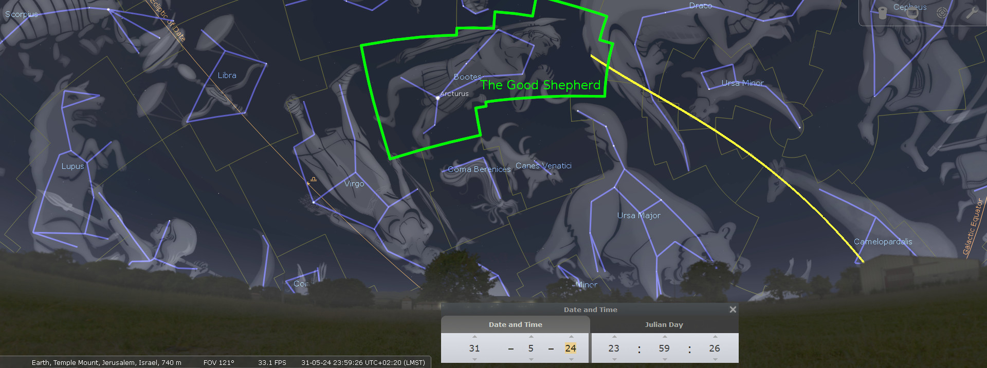 A celestial map showing various constellations in the night sky, highlighted with blue lines and labeled with their respective names against a dark background. A section of the sky is marked with a green outline labeled "The Good Shepherd," centered on the constellation Bootes.