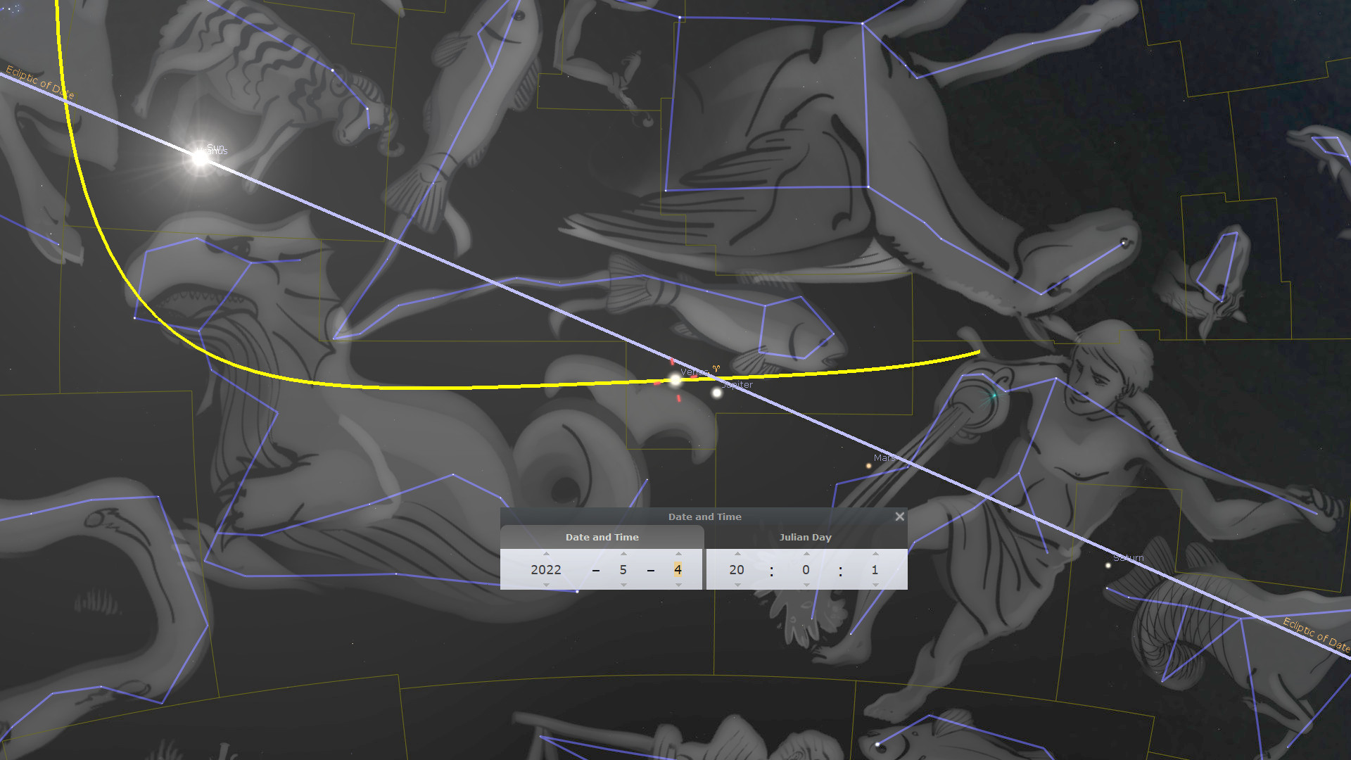 A detailed artistic representation of the Mazzaroth with interconnected celestial figures marked by lines and shapes against a dark background. The figures include various mythological and natural beings such as a twins, a bull, and a lion, arranged around a luminous point representing a star. A graphical interface showing celestial coordinates and calendar dates overlays the image.