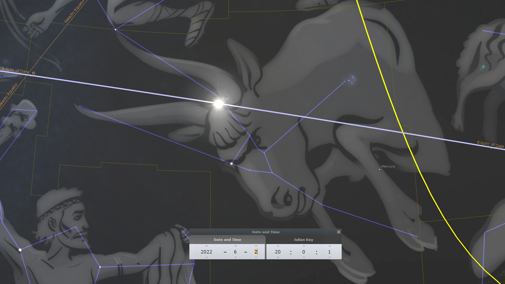 An artistic illustration of celestial coordinates rotating around the star Sol, focusing on a constellation of a bull and a humanoid figure, set against a dark sky. Geometrical lines intersect over the main luminaries, marked as celestial equators and ecliptics, with scientific notations and data on celestial alignment visible.