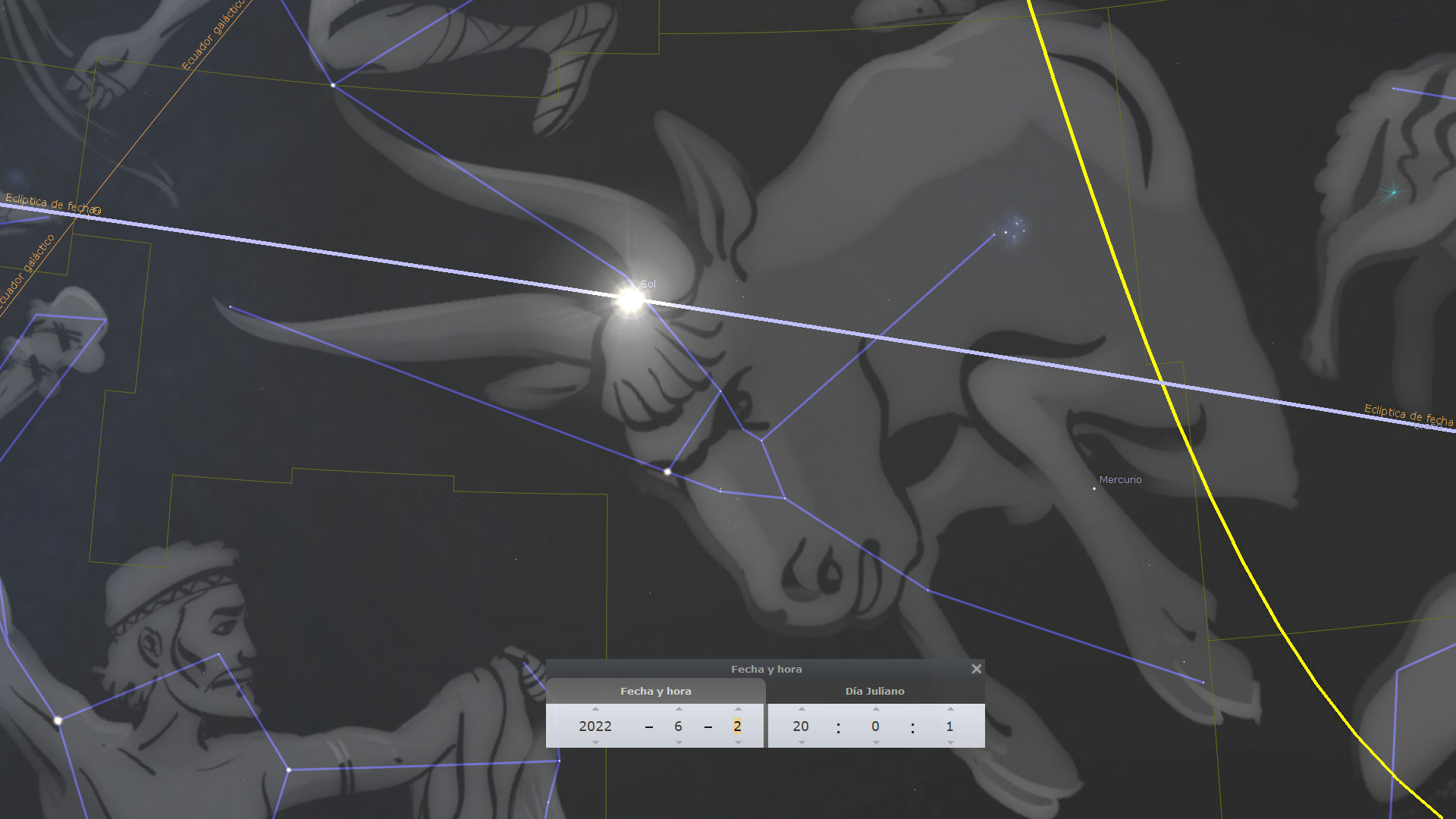 Imagen digital que muestra diversas figuras y líneas sobre un fondo cósmico oscuro, destacando una representación artística de figuras antropomórficas y animales interconectadas por líneas que sugieren una correlación celestial. Las líneas brillantes indican la posición del Sol y otros cuerpos celestes en relación con estas figuras. Una interfaz de usuario muestra la fecha y hora específica en la parte inferior.