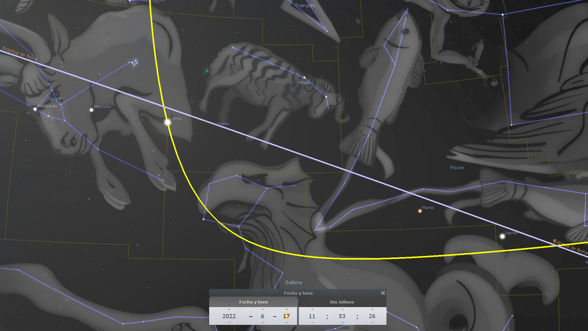 Ilustración digital del cielo nocturno mostrando constelaciones, las posiciones relativas de los planetas Venus, Mercurio, Marte y Júpiter y las líneas amarillas de la eclíptica. Se observan representaciones de varias agrupaciones estelares, incluyendo a Tauro, Aries y Piscis en términos de Mazzaroth.
