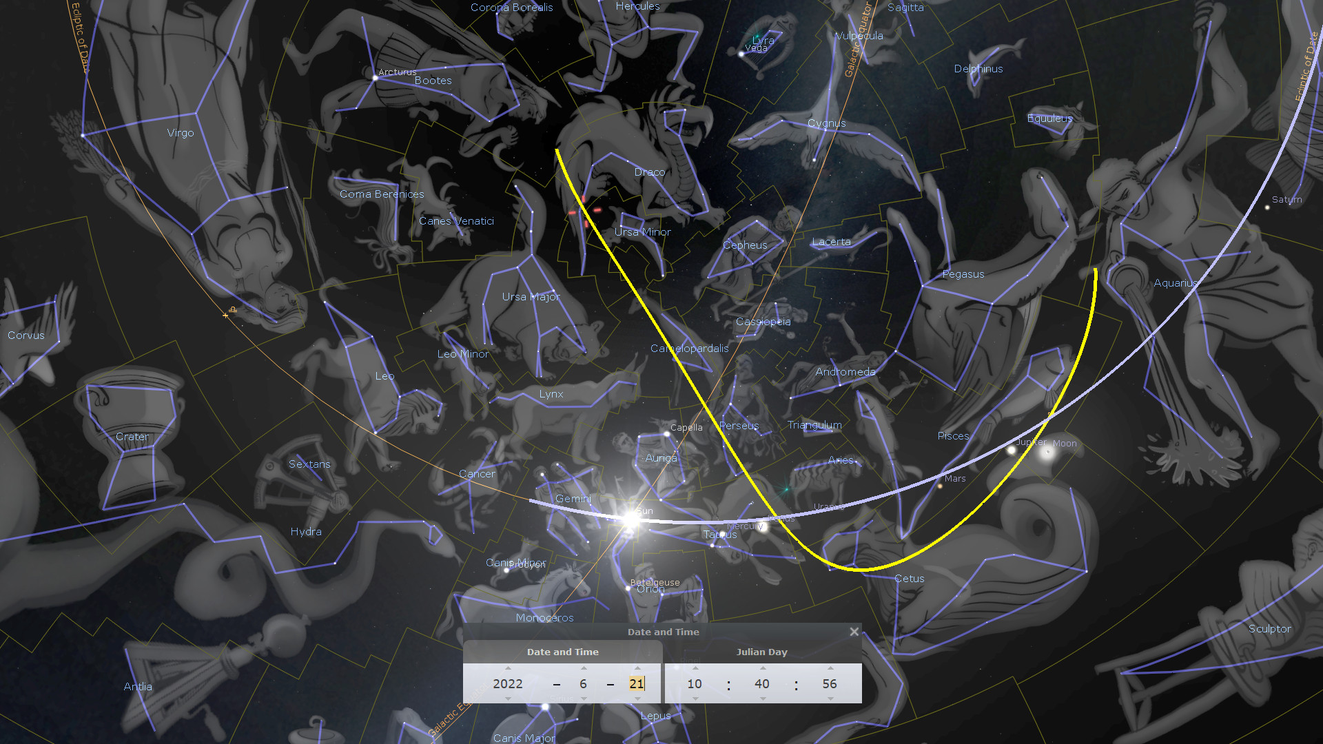 A digital star map displaying various constellations in white outlines against a dark celestial background. Highlighted paths in yellow illustrate specific celestial trajectories across the constellations. Names of celestial formations and notable stars are labeled along with icons representing planetary positions. The interface includes settings for date and time.