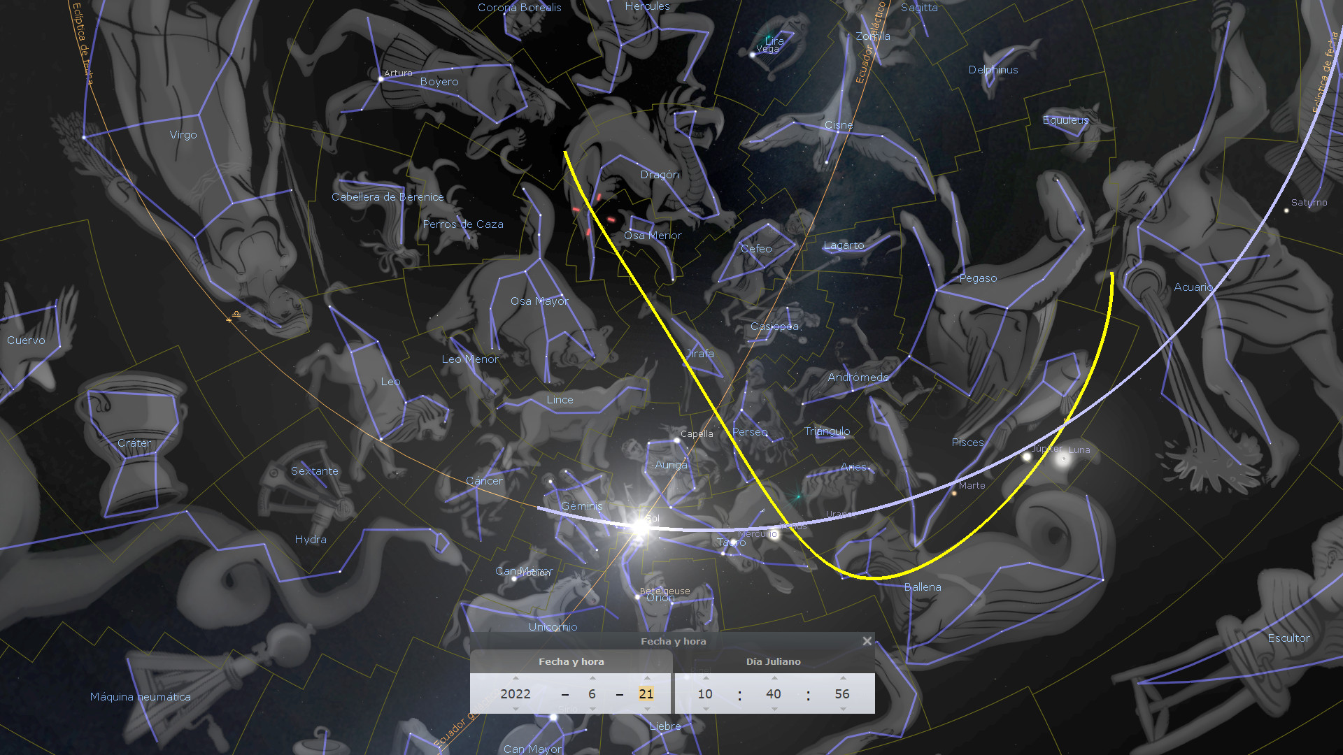 Imagen de un mapa estelar interactivo que muestra varias constelaciones del cielo nocturno, conectadas por líneas que forman figuras mitológicas. Incluye una superposición de datos que muestra la fecha y coordenadas astronómicas, acompañado por trazos amarillos que señalan posiciones específicas de cuerpos celestes.