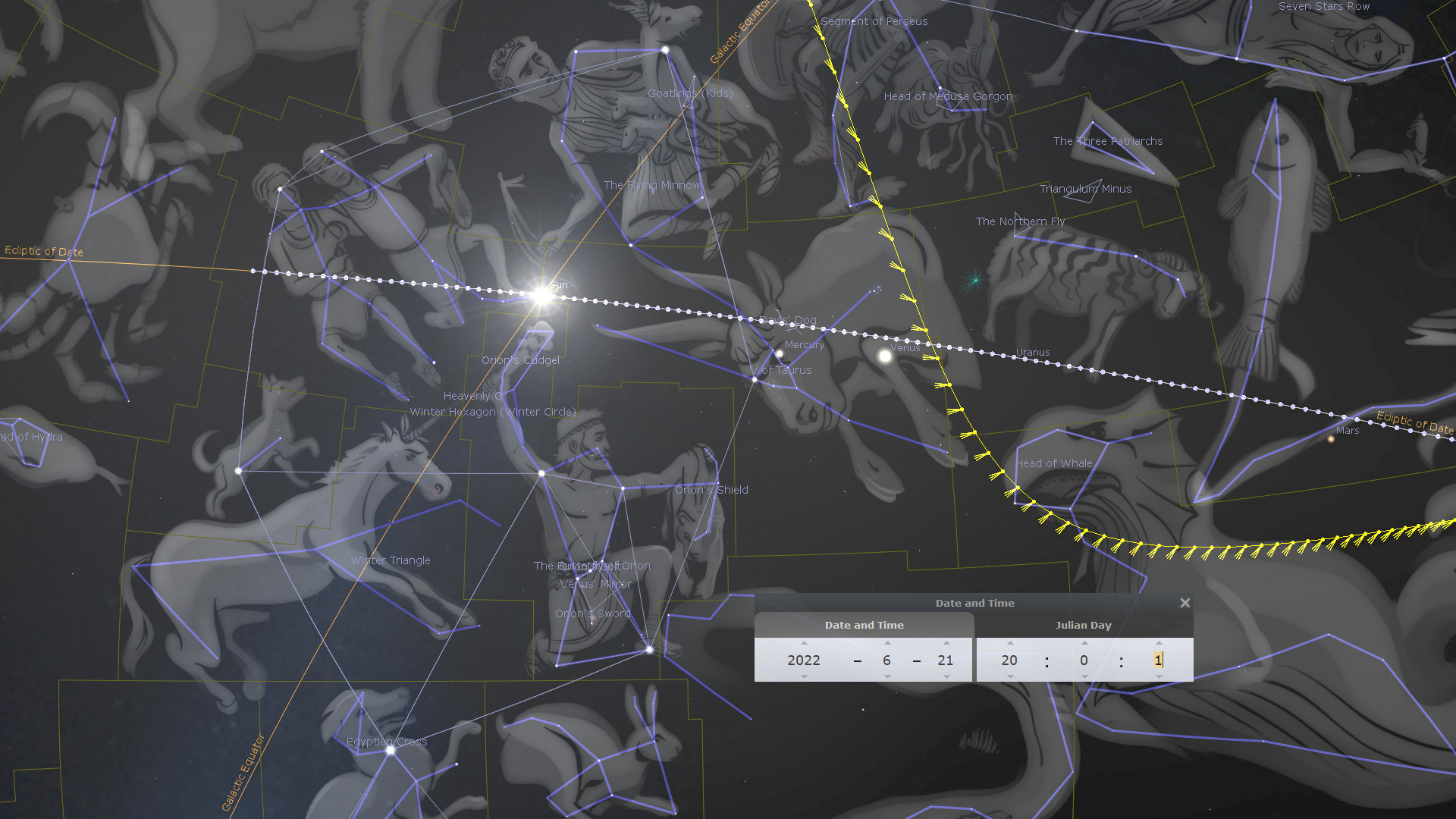 Detailed celestial map illustrating various constellations and celestial bodies against a dark starry background. The snapshot includes interconnected lines and labels depicting figures like a bull and twins, alongside planets such as Venus, Mars, and Mercury indicated by their scientific names. A yellow dashed line traces the ecliptic across the map, with plotted points marking specific celestial coordinates and dates.