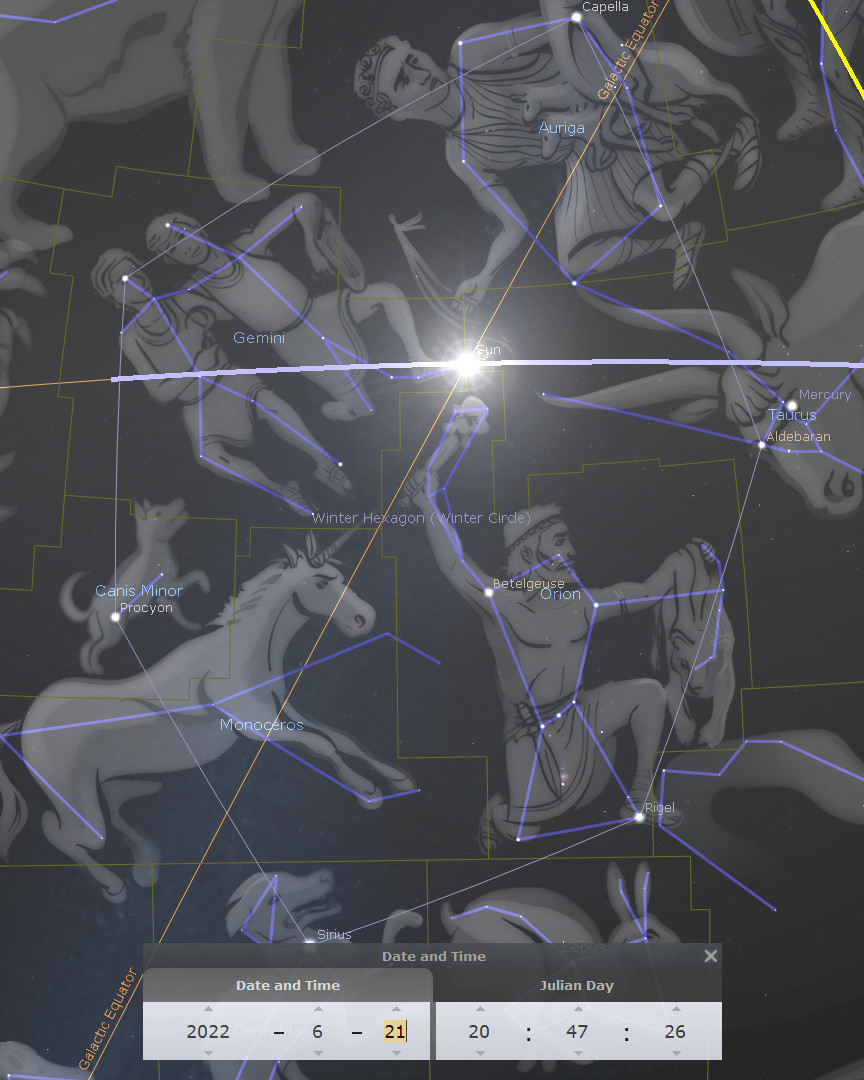 Illustration of various celestial constellations against a dark, star-filled sky, featuring human and animal figures interconnected with lines denoting their astronomical formations. Key stars such as Capella, Betelgeuse, and Aldebaran are marked. The bottom of the image displays a timestamp showing date, time, and Julian Day.