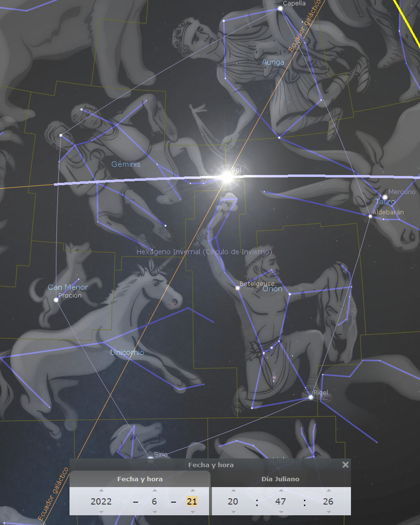 Imagen digital que muestra una representación artística de diversas constelaciones y estrellas en el cielo nocturno. Se destacan figuras humanas y animales míticos conectadas con líneas que forman constelaciones como Géminis, Tauro, y Orión. En el fondo se observa un espacio oscuro punteado de estrellas pequeñas. La imagen también incluye etiquetas de estrellas prominentes como Betelgeuse, Rigel, y Sirio, así como coordenadas y datos temporales mostrando el año 2022, mes 6, día 21, hora 20:47 y minuto 26 en el calendario Juliano.