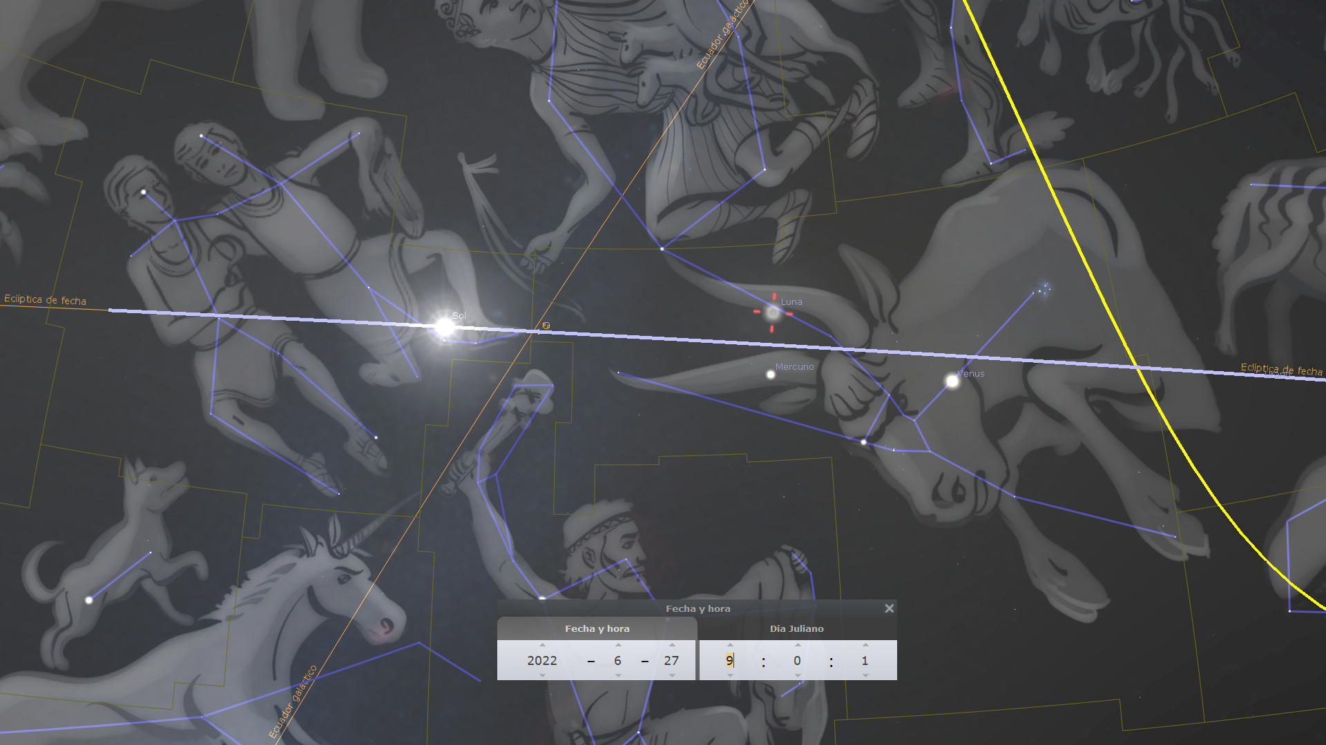 Ilustración digital que muestra una representación estilizada de la Mazzaroth con figuras humanas y animales conectadas por líneas luminosas, simbolizando conexiones celestiales. En la imagen aparecen también indicadores de posición de cuerpos celestiales como el Sol y la Luna, junto con etiquetas digitales que muestran la fecha y la posición de planetas como Mercurio y Venus.