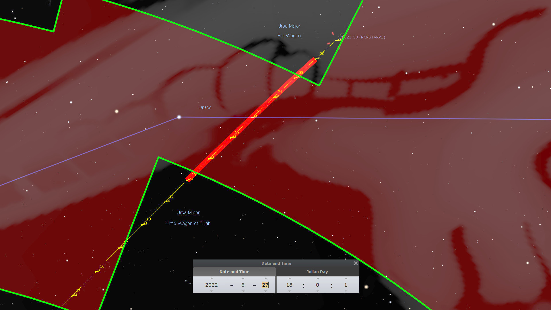 A star map depicting constellations Ursa Major and Ursa Minor, labeled as "Big Wagon" and "Little Wagon of Elijah" respectively, with lines connecting major stars forming their outlines. Bright red trajectories intersect the map, indicating the path of an object (PANSTARRS) through the constellations. An interface window in the bottom corner shows the date and time settings: June 27, 2022, at midnight.