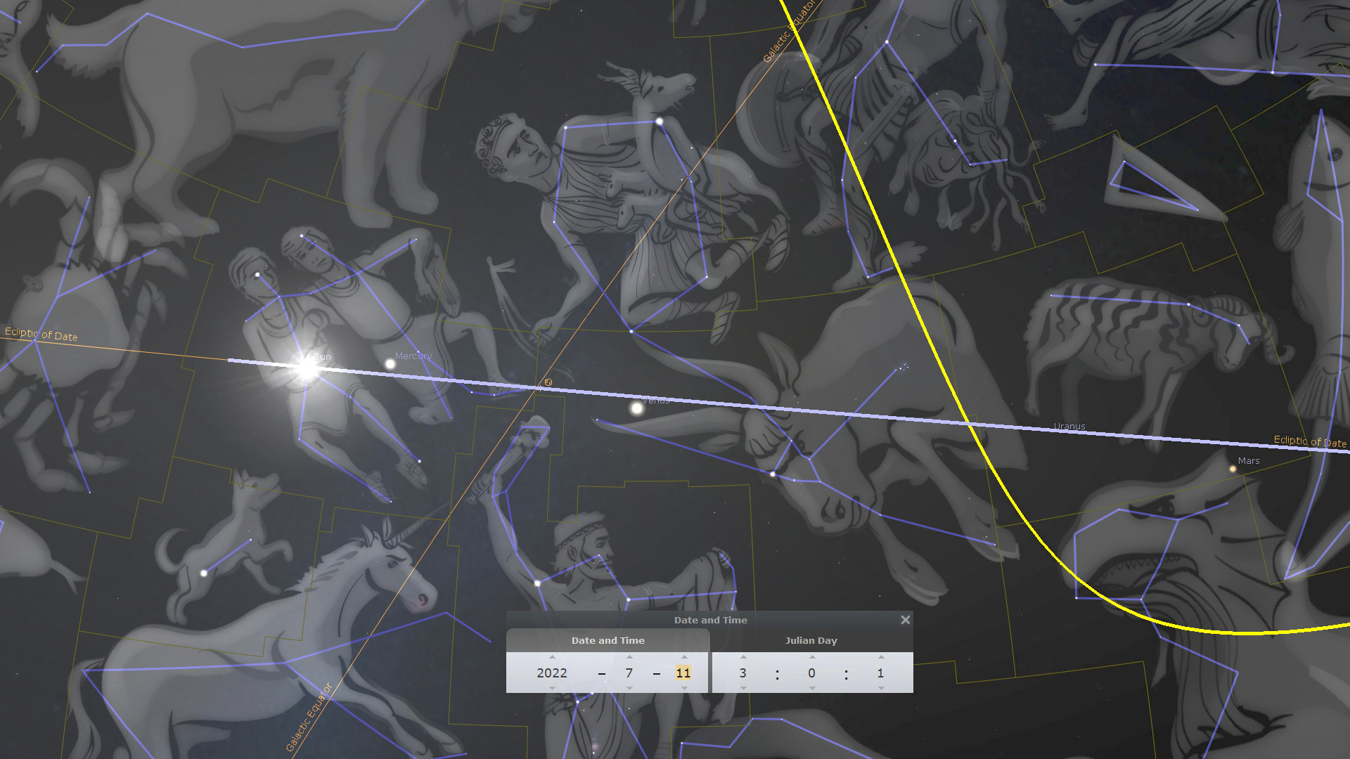 An illustrated celestial map featuring various constellations depicted as mythological creatures and human figures in a dark sky highlighted with grid lines and labels like "Sun" and "Mercury." A graphical interface shows date and time settings at the bottom, highlighting a specific moment in celestial movement.