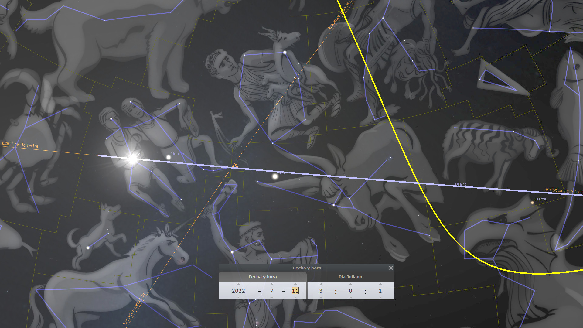 Imagen detallada de un mapa estelar, que muestra constelaciones y figuras humanas y de animales, entrelazadas entre líneas conectivas amarillas y azules. Incluye etiquetas con nombres de cuerpos celestes y coordenadas astronómicas.