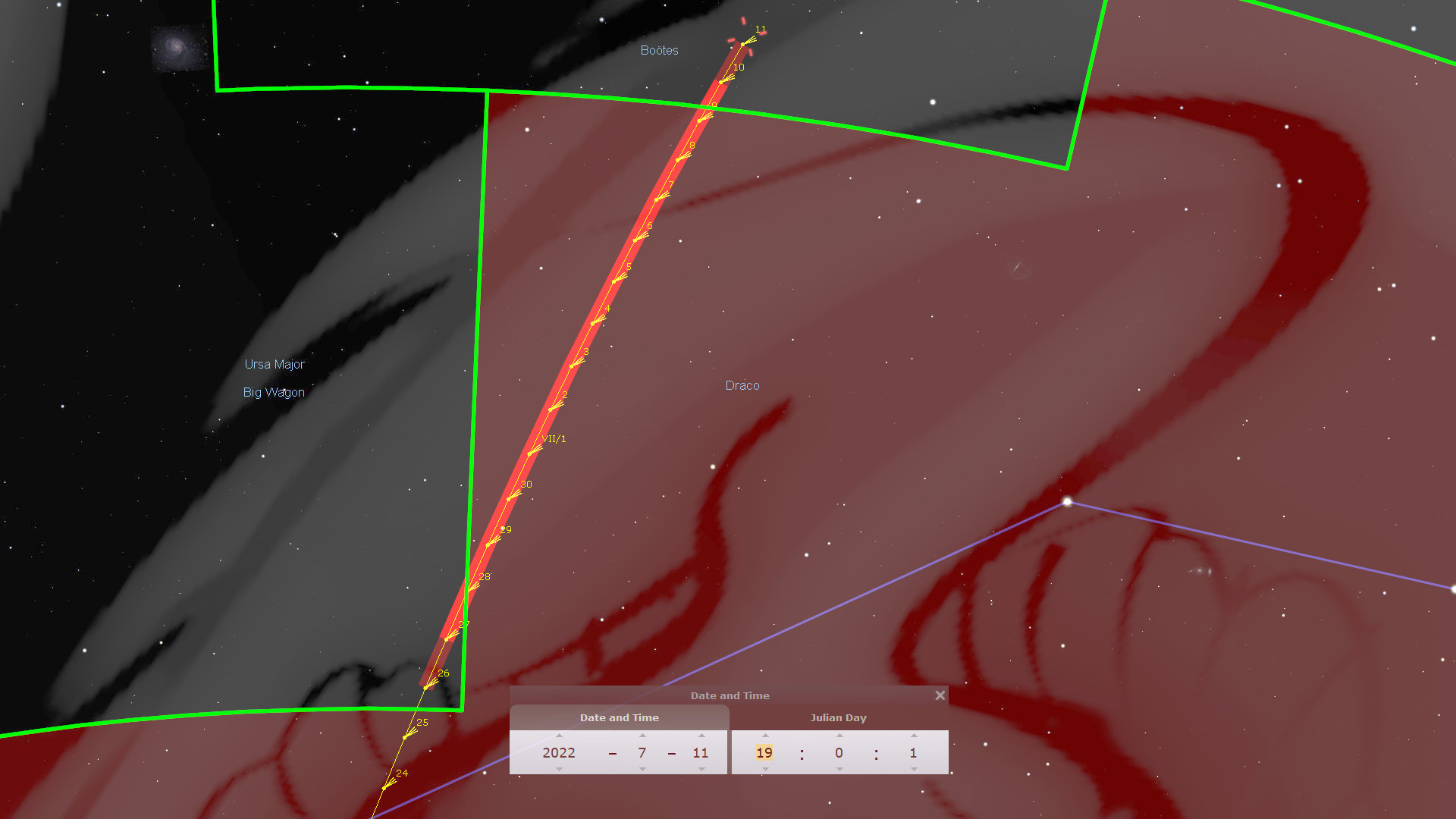 A digital astronomical chart displaying the night sky with constellations Ursa Major and Draco, labeled respectively as "Big Wagon" and "Draco". The image features a timeline with markers plotted along a celestial path, highlighted in orange across a red swirling background resembling a nebula. The starry background is dotted with numerous stars, and the upper part of the image has a green transparent overlay with further data points. A dialog box showing date and time is visible at the bottom center.