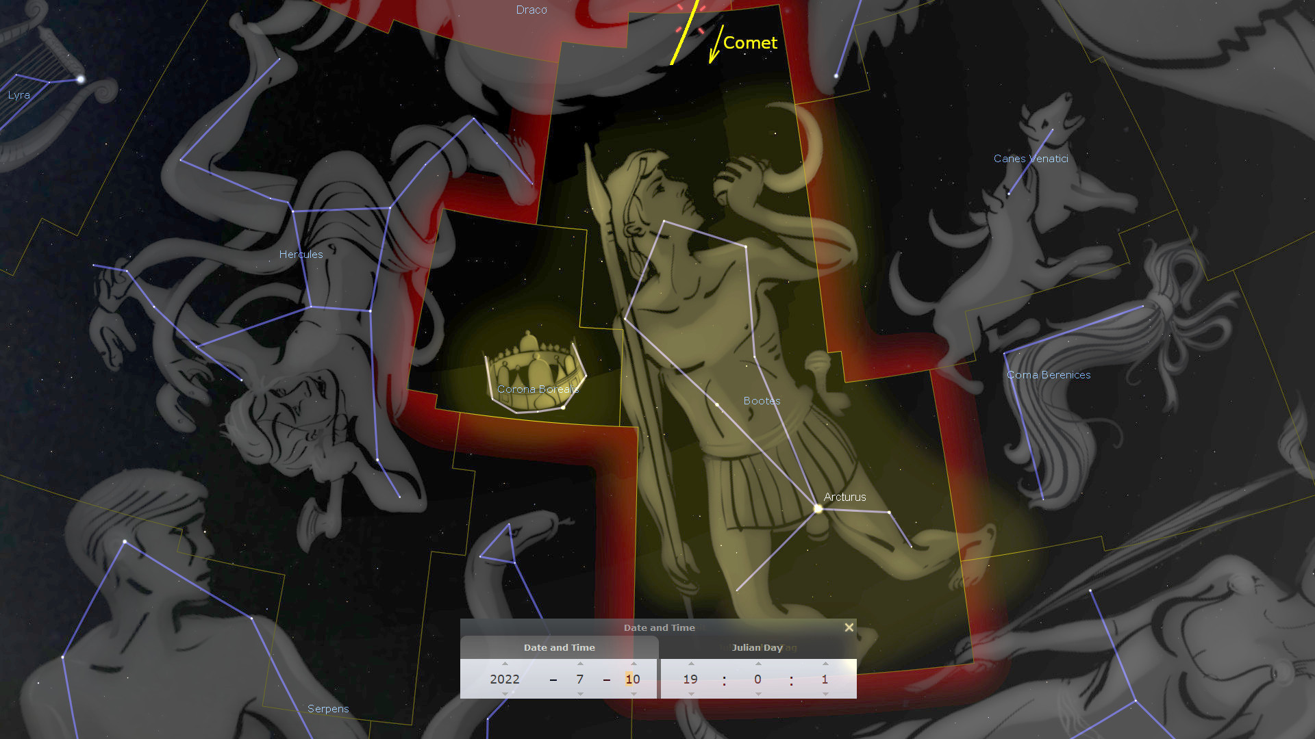 A stylized digital image of space featuring numerous constellations depicted as mythological figures overlaying a background with celestial events. Prominently displayed are figures such as Hercules and other forms akin to historical and mythic representations set against a cosmic backdrop with stars, nebulae, and a comet. Interfaces indicating celestial navigation tools and the calendar date of July 10, 2022, are visible.