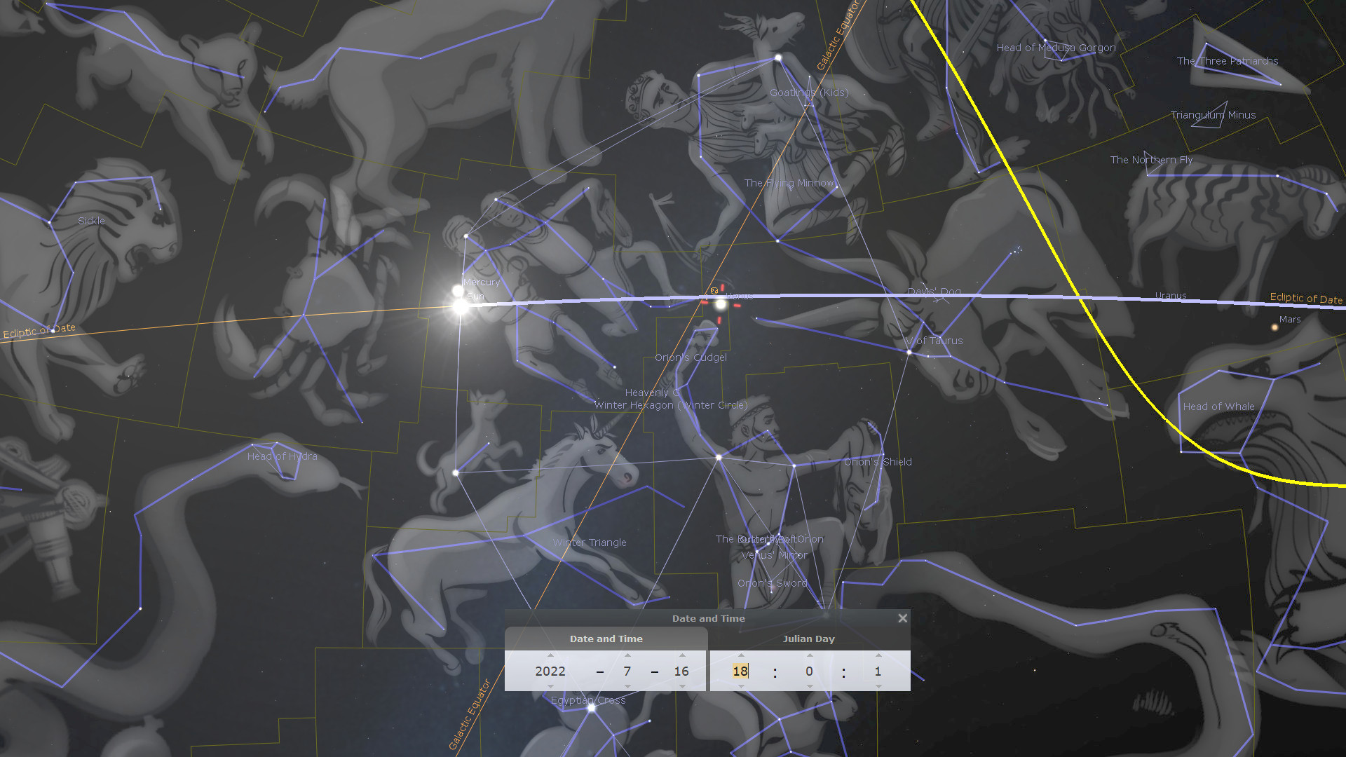 A digital cosmic map displaying various celestial bodies and constellations overlaid with interconnected lines and labels, accentuating scientific observations of the heavens. Depictions resemble traditional mythological representations, while astronomical details such as planets' positions and notable star configurations are marked for clarity against a dark sky.