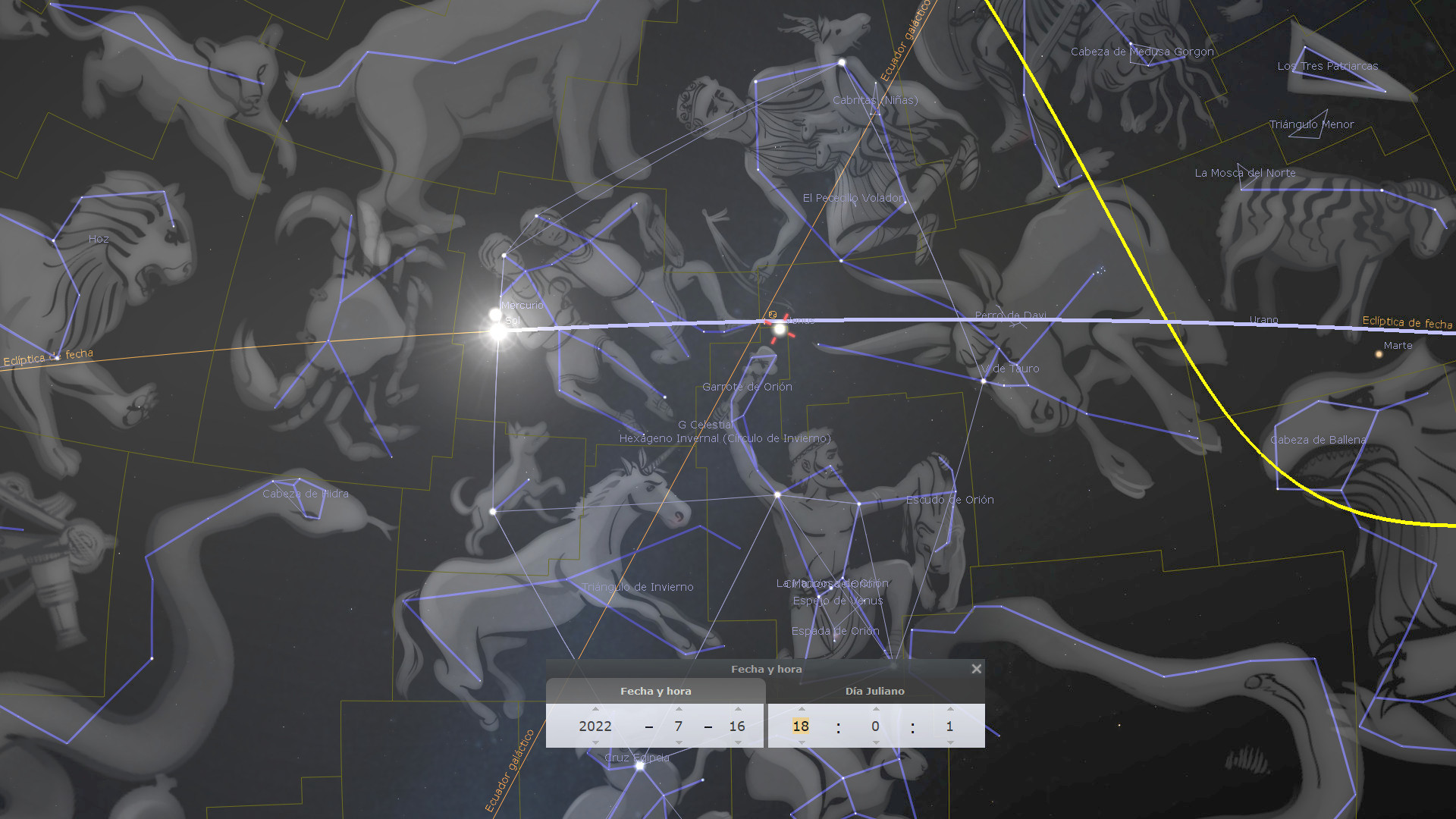 Imagen digital mostrando una representación de mapas estelares con diversas constelaciones y objetos celestes. Incluye líneas que conectan las estrellas formando figuras mitológicas y nombres como "Espada de Orión". También se visualiza la eclíptica y un panel con coordenadas astronómicas y fechas.