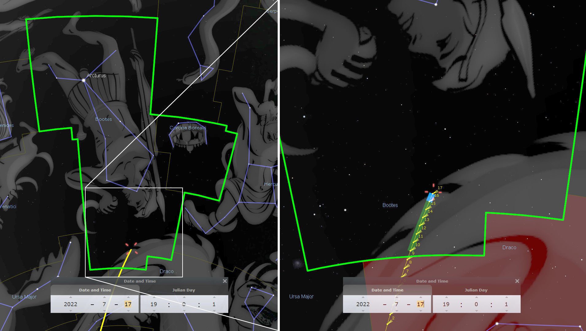 An astronomical software visualization contrasting a monochrome artistic depiction of constellations with their corresponding scientific star map overlays. Notable constellations include Bootes and Draco with detailed line connections and named stars like Arcturus. The interface displays various settings including date and time adjustments for observing celestial bodies.