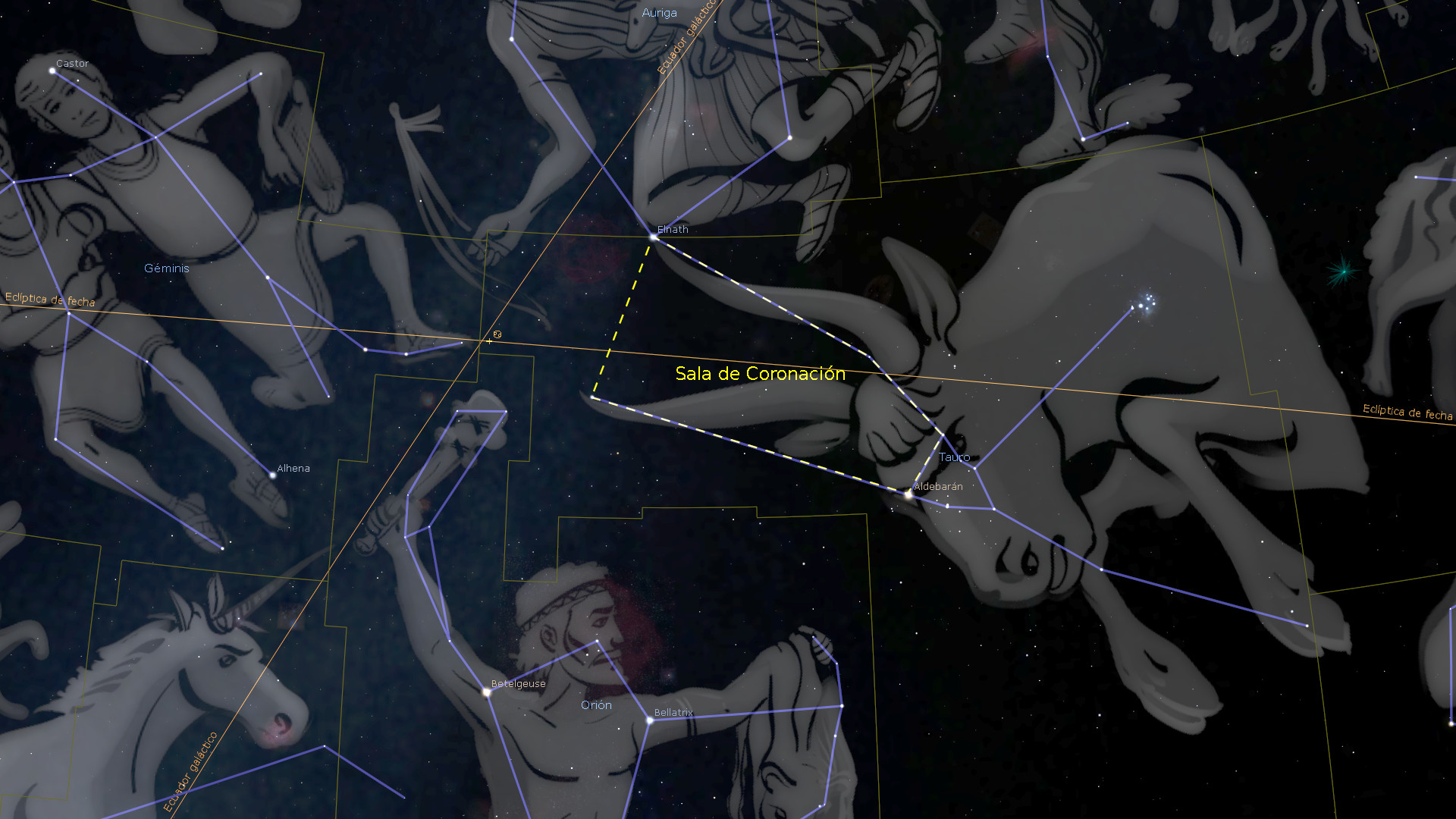 Ilustración de constelaciones conectadas por líneas sobre un fondo estrellado. Destacan representaciones artísticas de figuras humanas y animales, incluyendo un hombre montando un caballo y una figura gemela con un arco. Texto adicional identifica estrellas y ubicaciones celestiales.