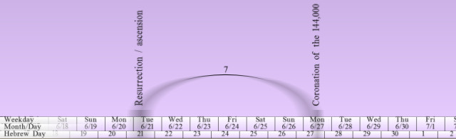 A timeline presented on a lavender background featuring key biblical time events spanning several dates. It includes days labeled from Sunday to Friday with corresponding dates from June 19 to July 1 in both Gregorian and Hebrew calendar forms. An arch connects two significant events: "Resurrection / ascension" and "Coronation of the 144,000."
