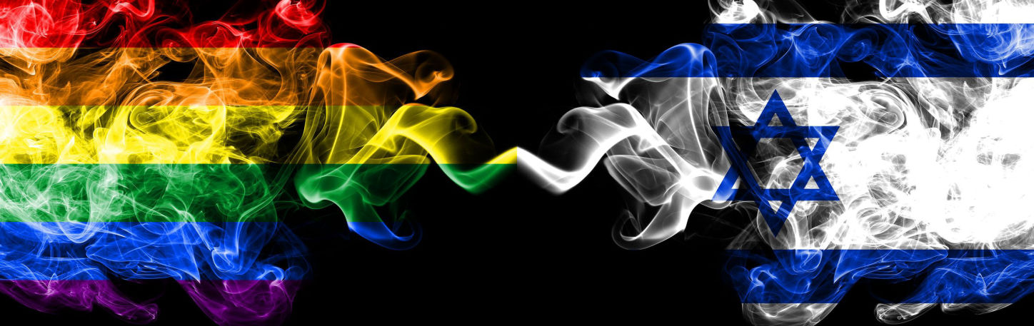 A digitally created image featuring vibrant, smoke-like ribbons in the colors of the rainbow flowing seamlessly into a white and blue ribbon adorned with a blue Star of David, all set against a black background.