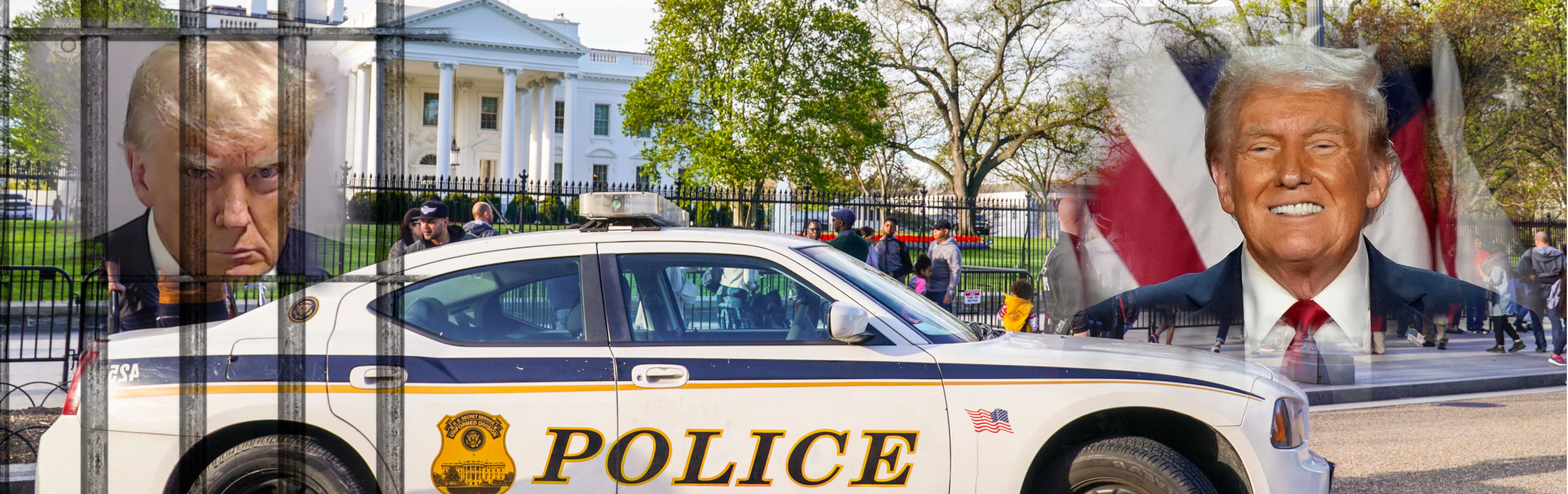 A collage featuring a solemn-looking man in a suit, superimposed with the image of a police vehicle in front of a white government building with black fencing, observing civilians pass near and around the premises. The smiling image of the same man overlays on the right side of the scene.