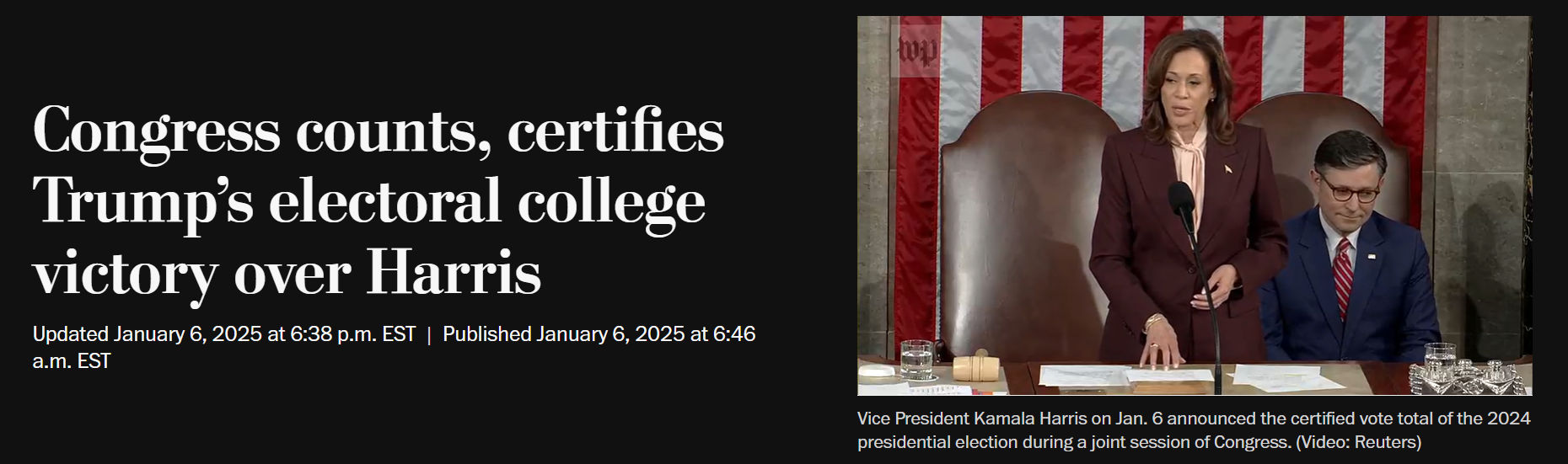A banner headline stating "Congress counts, certifies Trump's electoral college victory over Harris", with a date of January 6, 2025. Alongside, a photo showing Vice President Kamala Harris addressing a joint session of Congress, with a male colleague seated beside her, both under an American flag backdrop.