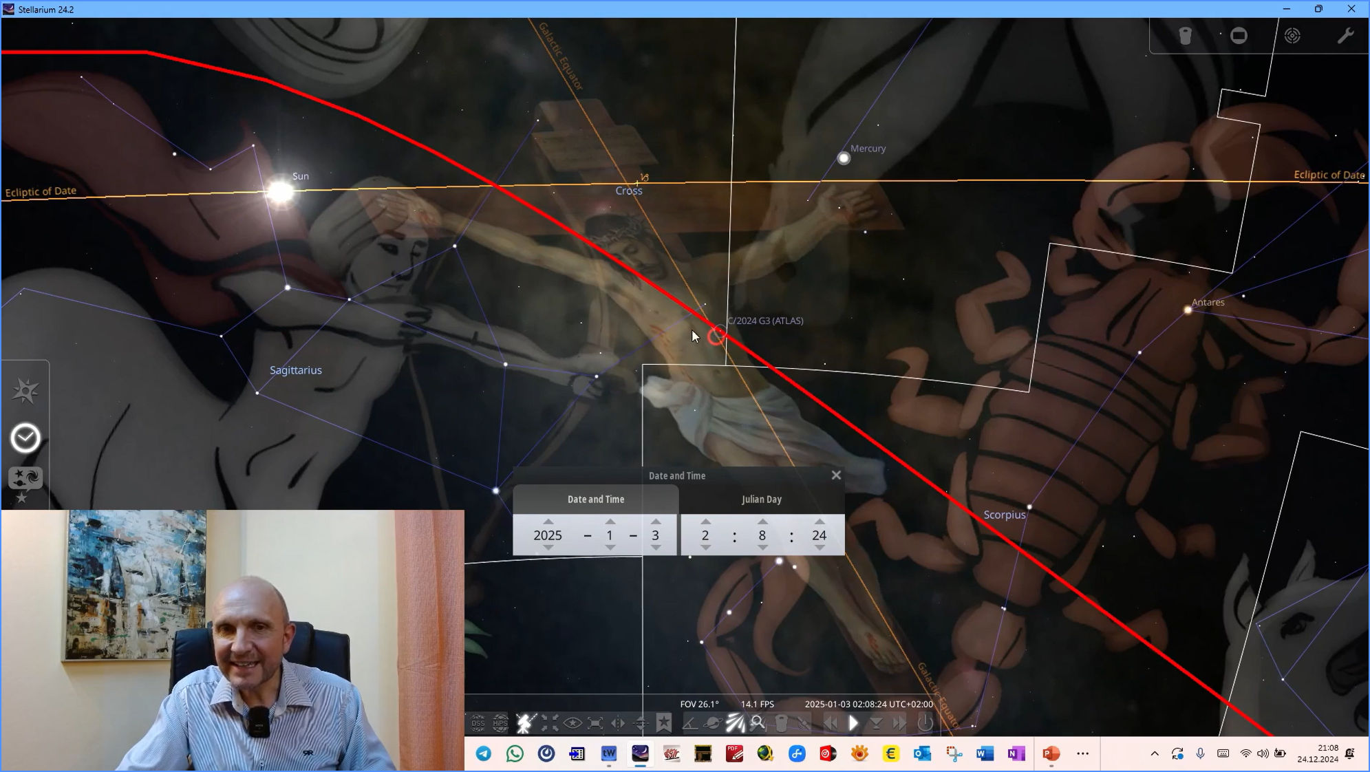 A screenshot of a computer program displaying a celestial chart overlaying artistic interpretations of constellations related to the Mazzaroth. The chart shows constellations including a figure depicted as a centaur with a bow and arrow and a scorpion. Annotations such as "Sun," "Mercury," and various stars like "Antares" are visible. There are also labels of astronomical phenomena such as a comet named C/2024 G3 (ATLAS), and celestial coordinates are indicated. In an inset at the bottom left is a video call window showing a smiling bald man seated in an office.