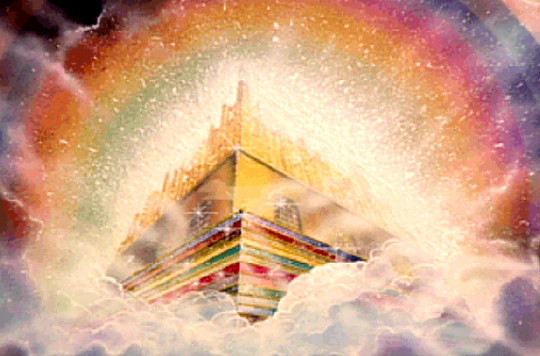 An artistic depiction shows a multi-tiered, colorful pyramid emerging from a cloud base, encircled by a radiant spectrum of light reminiscent of a solar halo effect.
