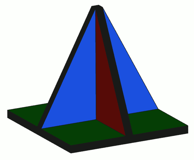 A geometric illustration of a pyramid with a triangular base situated on a square platform. The pyramid features three sides, each in different colors: one blue, one red, and one green.