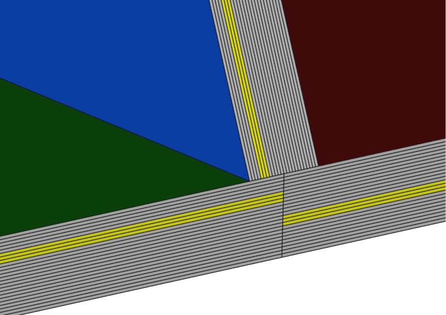 Abstract geometric artwork featuring a layered composition of sharp-edged shapes in blue, green, and maroon, intersected by angled planes with yellow and grey stripes, on a pale background.