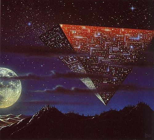 An imaginative artwork depicting a triangular city floating in a night sky above a rugged landscape, with a detailed moon and myriad stars in the background, evoking thoughts of the celestial bodies.