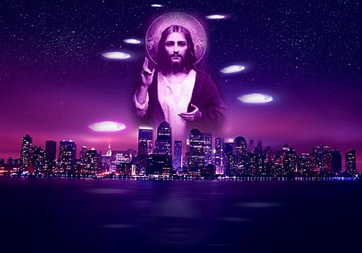 A surreal depiction of a figure resembling historical depictions of Jesus with a radiant halo, positioned above a modern city skyline at night under a starry sky. The scene is cast in a purple hue, blending celestial and urban elements.