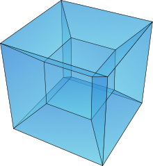 Illustration of a transparent blue 3D tesseract, a four-dimensional geometric shape, rendered on a black background.