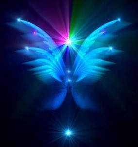 A vibrant digital artwork depicting two symmetrical, luminous wing-like structures emanating from a central radiant point, set against a dark background. The wings are rendered in shades of blue and teal with hints of pink, suggesting a celestial theme.
