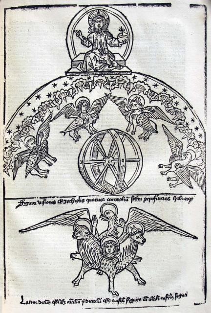 An ancient engraving featuring a central figure in a halo-like structure seated with arms extended, surrounded by twelve celestial symbols. Above, three angels hold aloft an astronomical wheel, and below, another angel presents a open book. Intricate Latin text appears beneath each image.