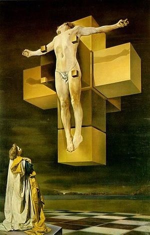 An artistic depiction shows a crucified figure suspended on a complex, geometrically arranged set of beige blocks against a subdued background. Below, a robed figure gazes upward with contemplative admiration. The setting includes a floor with a checkered pattern of light and dark squares.