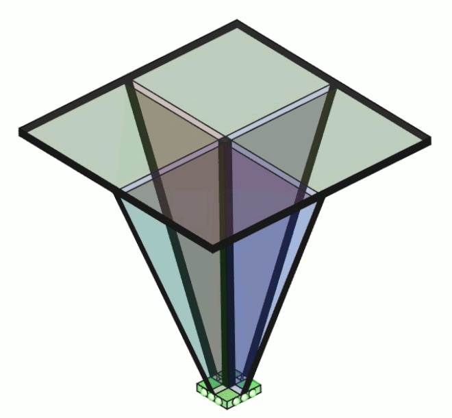 Illustration of a three-dimensional geometric structure resembling an inverted pyramid, composed of multiple translucent panels in shades of green, blue, and brown.