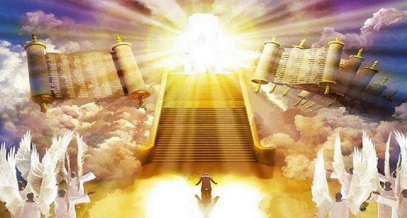 A fantastical image showing a radiant celestial figure at the top of a golden staircase surrounded by clouds. Two large scrolls hang in the air on either side of the stairway, and four white-winged beings are positioned at the forefront. A bright light emanates from the figure, illuminating the scene.