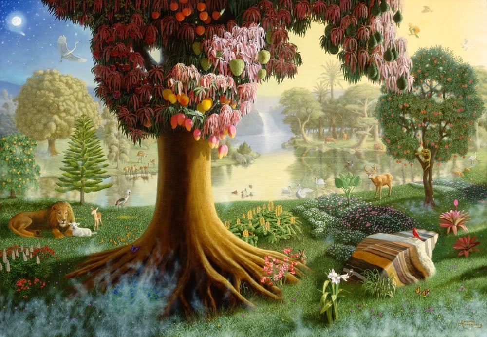A serene and mythic landscape depicts various types of flora and fauna converging around a large, central tree with multicolored fruit. In this idyllic setting, a lion peacefully rests beside a lamb under the shade, while various other animals, including deer and birds, freely roam and grace the surrounding meadow and calm lake. In the sky, a pale moon shines amid light clouds, enhancing the tranquil atmosphere of the scene.