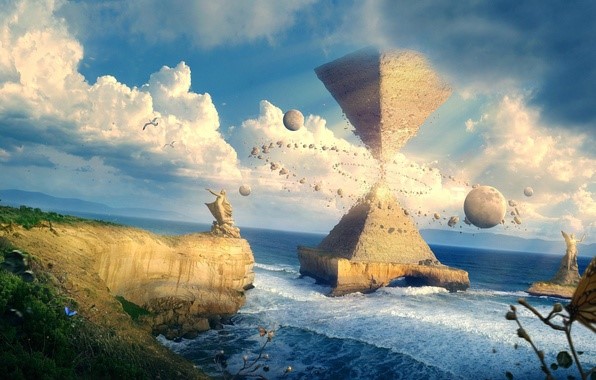 A surreal seascape depicting an hourglass-shaped structure disintegrating with smaller pieces floating around it against a backdrop of celestial bodies. A rocky coastline under a partly cloudy sky enhances the dreamlike quality.