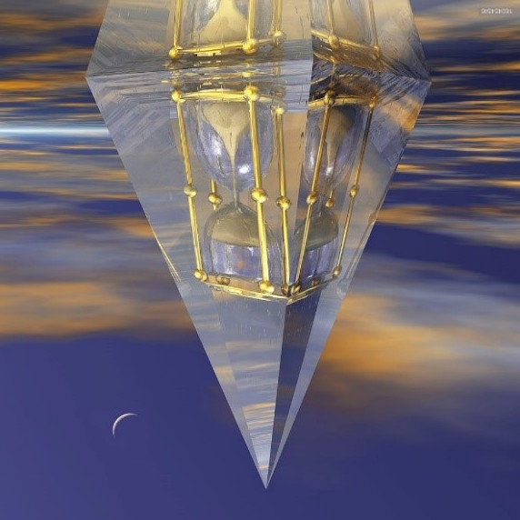 A digital artwork featuring a translucent, crystalline pendulum with gold metallic accents descending into a surreal waterscape under a twilight sky, accompanied by a small visible crescent moon.