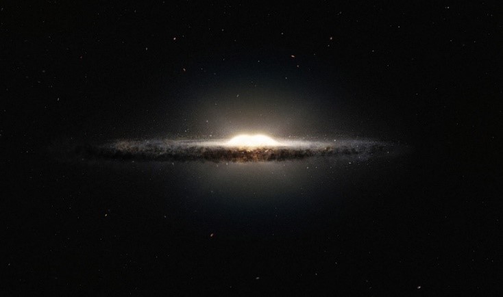 Distant view of a galaxy showing a bright central bulge surrounded by a flat, rotating disc of stars, dust, and gas illuminated against the dark cosmic background.