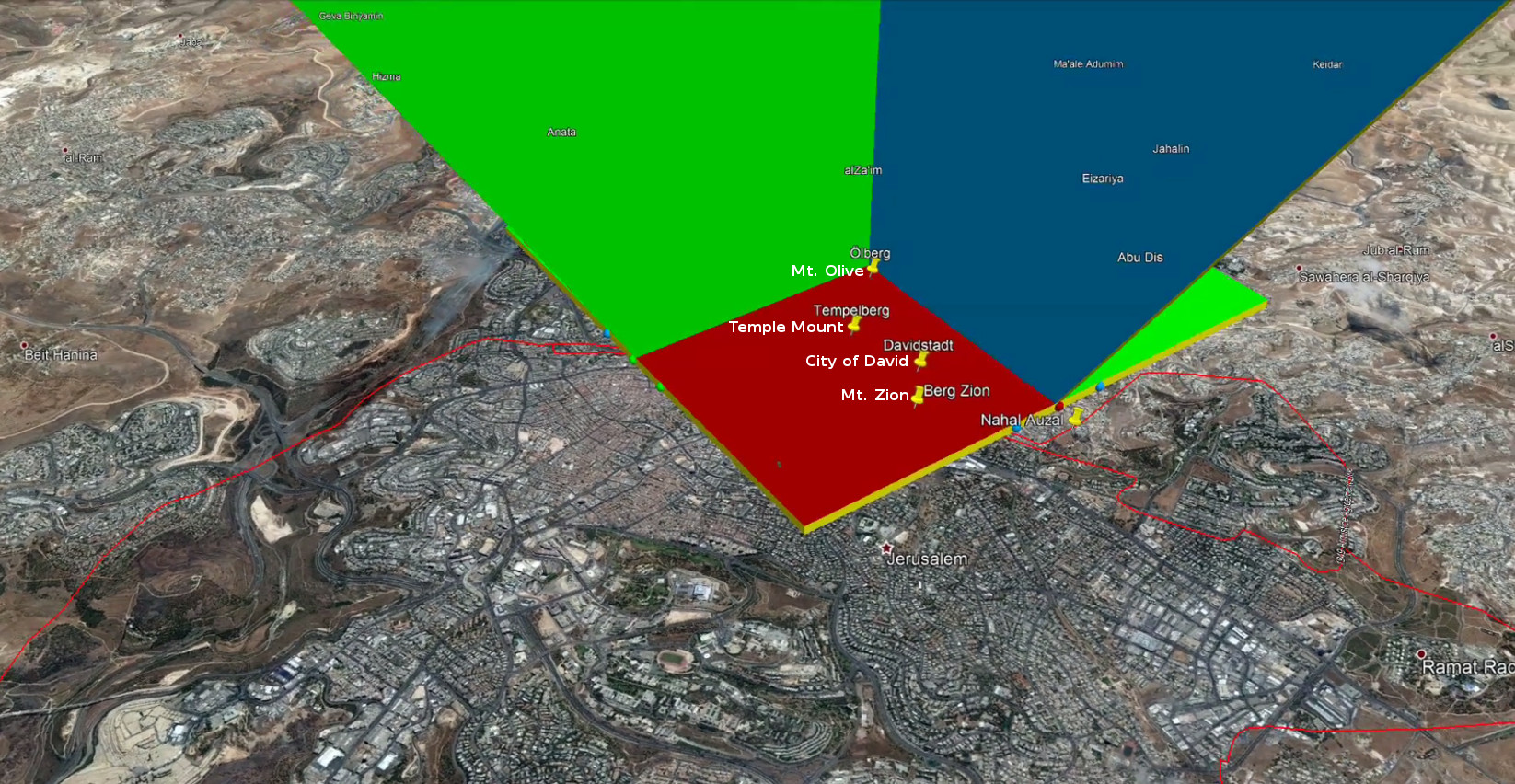 Aerial view of Jerusalem with superimposed colored areas indicating significant biblical locations. Green covers northern regions including Anata and Hazma, red highlights central areas like the Temple Mount and City of David, and a separate small green triangle appears towards the right representing additional territories.