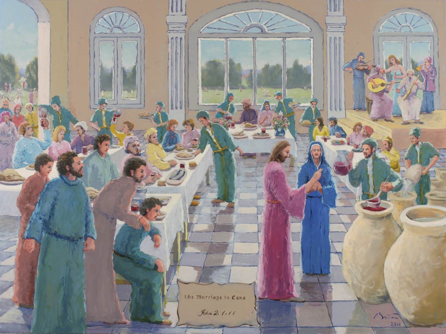 A vibrant painting depicting a biblical scene set in an open and airy hall with large arching windows overlooking a garden. Numerous individuals in colorful traditional robes engage in conversation and feast at tables adorned with food. In the foreground, a central figure in pink robes stands facing another dressed in blue, together near large stone jars.