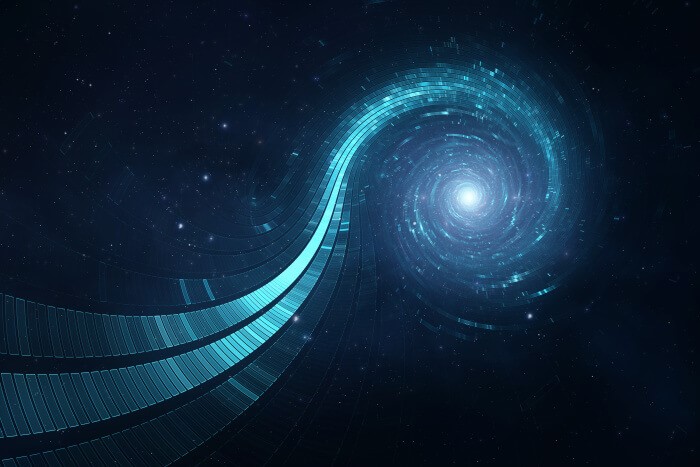 A digital illustration depicting a swirling galaxy with a bright center, surrounded by radiant blue trails that resemble celestial pathways in deep space.