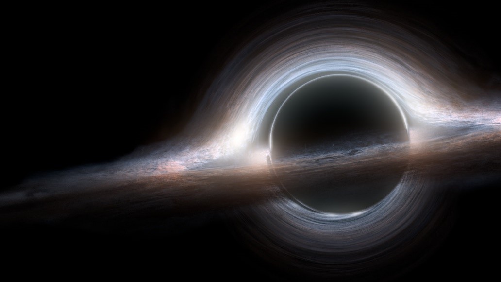 A visually striking depiction of a black hole, surrounded by a luminous accretion disk. The black hole bends the light from stars behind it, creating an eerie halo effect. This celestial phenomenon illustrates the gravity's manipulation of spacetime, light, and matter.